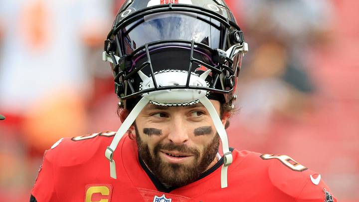 Tampa Bay Buccaneers quarterback Baker Mayfield (6) smiles