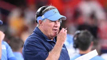 Oct 31, 2025; Syracuse, New York, USA; North Carolina Tar Heels head coach Bill Belichick on the sidelines in the second quarter against the Syracuse Orange at the JMA Wireless Dome. 