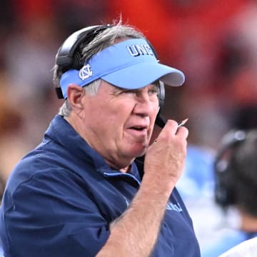 Oct 31, 2025; Syracuse, New York, USA; North Carolina Tar Heels head coach Bill Belichick on the sidelines in the second quarter against the Syracuse Orange at the JMA Wireless Dome. 
