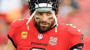 Dec 7, 2025; Tampa, Florida, USA; Tampa Bay Buccaneers quarterback Baker Mayfield (6) prior to the game against the New Orleans Saints at Raymond James Stadium. 