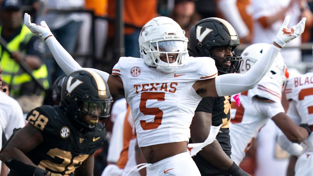Texas Longhorns defensive back Malik Muhammad (5) celebrates a Vanderbilt stop during the first half of their game at FirstBank Stadium in Nashville, Tenn., Saturday, Oct. 26, 2024.