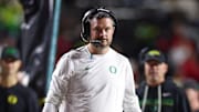 Oct 18, 2025; Piscataway, New Jersey, USA; Oregon Ducks head coach Dan Lanning looks on during the first half against the Rutgers Scarlet Knights at SHI Stadium. Mandatory Credit: Vincent Carchietta-Imagn Images