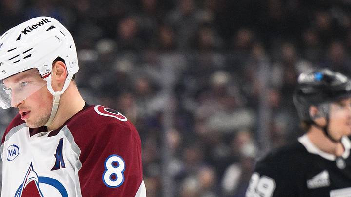 Apr 26, 2026; Los Angeles, California, USA; Colorado Avalanche defenseman Cale Makar (8) skates after scoring during the second period in game four of the first round of the 2026 Stanley Cup Playoffs against the Los Angeles Kings at Crypto.com Arena. Mandatory Credit: William Liang-Imagn Images