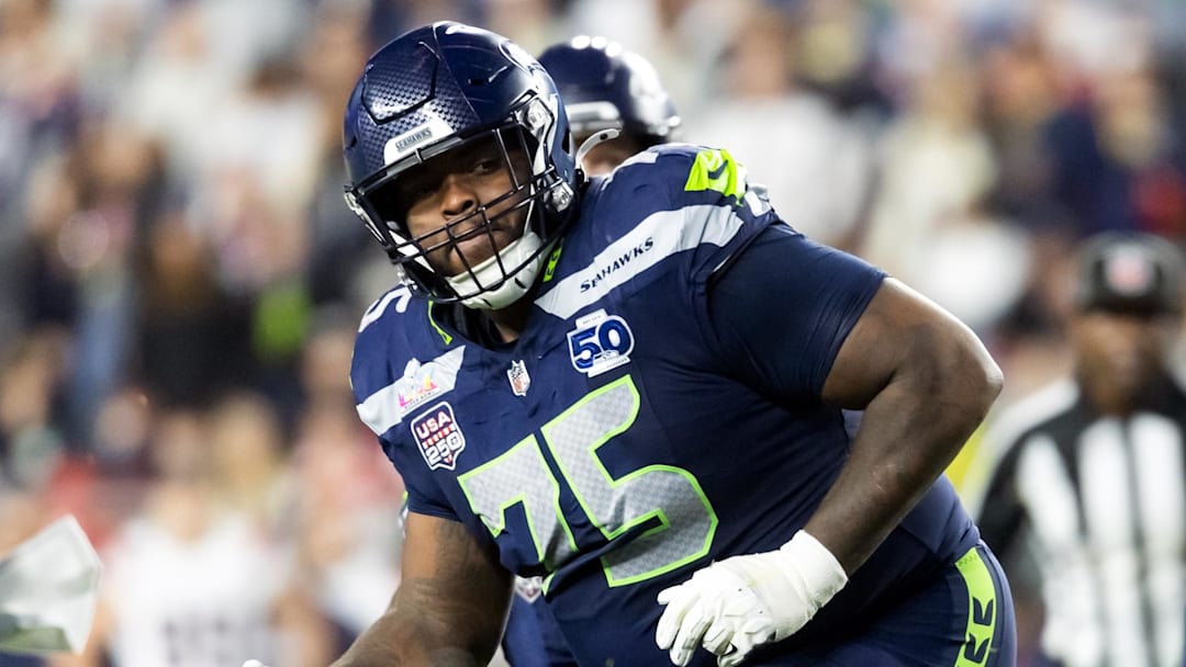 Feb 8, 2026; Santa Clara, CA, USA; Seattle Seahawks guard Anthony Bradford (75) against the New England Patriots during Super Bowl LX at Levi's Stadium.