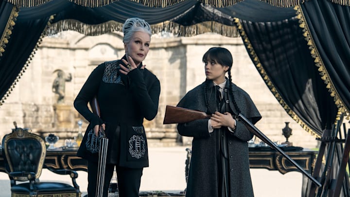 Wednesday. (L to R) Liv Spencer as Varicose, Joanna Lumley as Grandmama, Jenna Ortega as Wednesday Addams in episode 206 of Wednesday