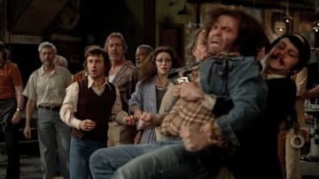 Lorne Michaels (Gabriel LaBelle), Gilda Radner (Ella Hunt), John Belushi (Matt Wood) and Dan Aykroyd (Dylan O'Brien) in SATURDAY NIGHT.