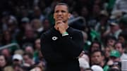May 7, 2025; Boston, Massachusetts, USA; Boston Celtics head coach Joe Mazzulla watches from the sideline as they take on the New York Knicks during game two of the second round for the 2025 NBA Playoffs at TD Garden. Mandatory Credit: David Butler II-Imagn Images