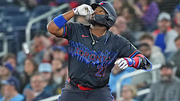Mar 28, 2025; Toronto, Ontario, CAN; Toronto Blue Jays first baseman Vladimir Guerrero Jr. (27) gestures after hitting a single against the Baltimore Orioles during the first inning at Rogers Centre. Mandatory Credit: Nick Turchiaro-Imagn Images