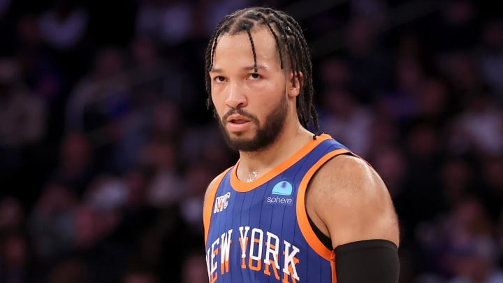 Feb 3, 2024; New York, New York, USA; New York Knicks guard Jalen Brunson (11) reacts during the fourth quarter against the Los Angeles Lakers at Madison Square Garden. Mandatory Credit: Brad Penner-USA TODAY Sports