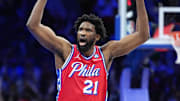 Oct 31, 2025; Philadelphia, Pennsylvania, USA; Philadelphia 76ers center Joel Embiid (21) reacts against the Boston Celtics in the third quarter at Xfinity Mobile Arena. Mandatory Credit: Kyle Ross-Imagn Images