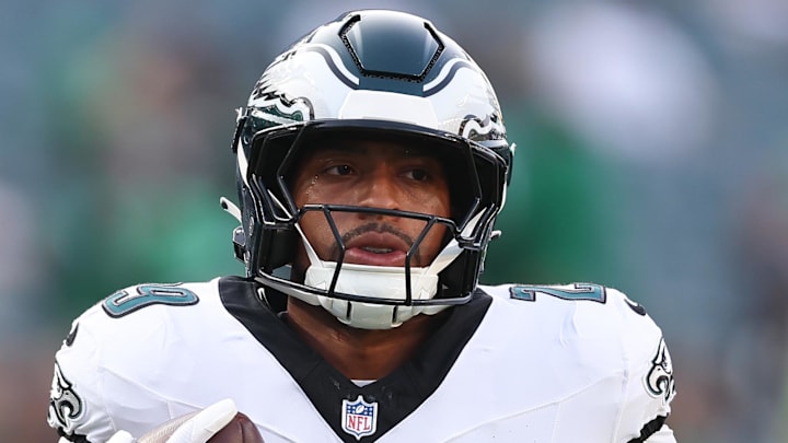 Aug 7, 2025; Philadelphia, Pennsylvania, USA; Philadelphia Eagles running back AJ Dillon (29) before action against the Cincinnati Bengals at Lincoln Financial Field. Mandatory Credit: Bill Streicher-Imagn Images
