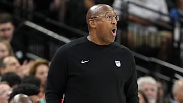 Nov 11, 2024; San Antonio, Texas, USA; Sacramento Kings head coach Mike Brown yells out to players during the second half against the San Antonio Spurs at Frost Bank Center. Mandatory Credit: Scott Wachter-Imagn Images