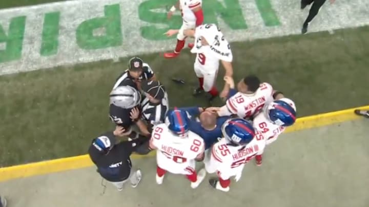 New York Giants quarterback and Las Vegas Raiders safety Jamal Adams had to be separated during a Week 17 matchup. New York Giants quarterback and Las Vegas Raiders safety Jamal Adams had to be separated during a Week 17 matchup.