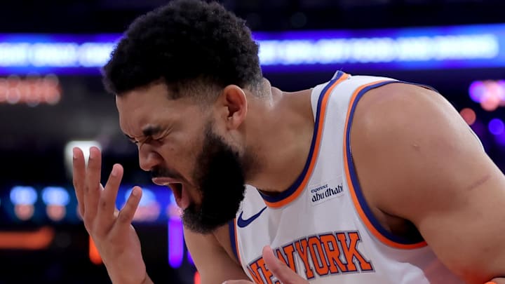 May 4, 2026; New York, New York, USA; New York Knicks center Karl-Anthony Towns (32) reacts during the second quarter of game one of the eastern conference semifinal round of the 2026 NBA Playoffs against the Philadelphia 76ers at Madison Square Garden. Mandatory Credit: Brad Penner-Imagn Images