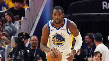 Oct 5, 2025; San Francisco, California, USA;  Golden State Warriors forward Jonathan Kuminga (1) dribbles upcourt against the Los Angeles Lakers in the third quarter at Chase Center. Mandatory Credit: David Gonzales-Imagn Images