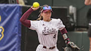 Mississippi State infielder Riley Hull (4) throws home during a play against LSU during the second inning at Jack Turner Stadium.