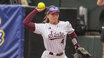 Mississippi State infielder Riley Hull (4) throws home during a play against LSU during the second inning at Jack Turner Stadium.