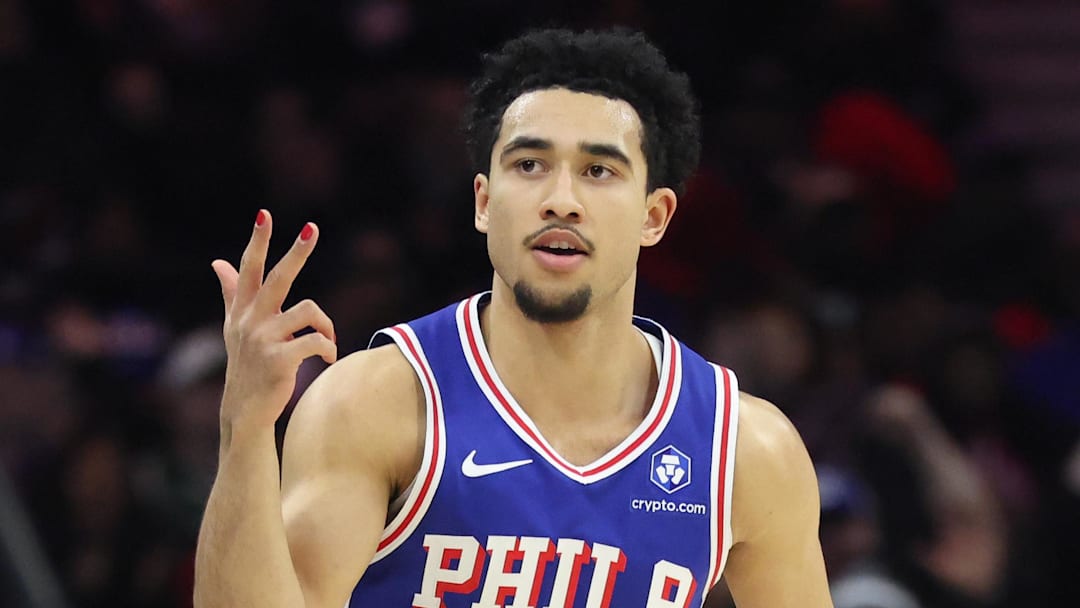 Jan 27, 2026; Philadelphia, Pennsylvania, USA; Philadelphia 76ers guard Jared McCain (20) reacts to his three pointer against the Milwaukee Bucks during the first quarter at Xfinity Mobile Arena. Mandatory Credit: Bill Streicher-Imagn Images Jan 27, 2026; Philadelphia, Pennsylvania, USA; Philadelphia 76ers guard Jared McCain (20) reacts to his three pointer against the Milwaukee Bucks during the first quarter at Xfinity Mobile Arena. Mandatory Credit: Bill Streicher-Imagn Images