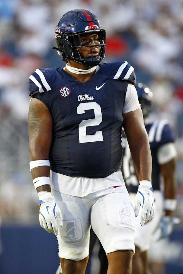 Mississippi Rebels defensive linemen Walter Nolen waits for the snap during the first half against the Furman Paladins
