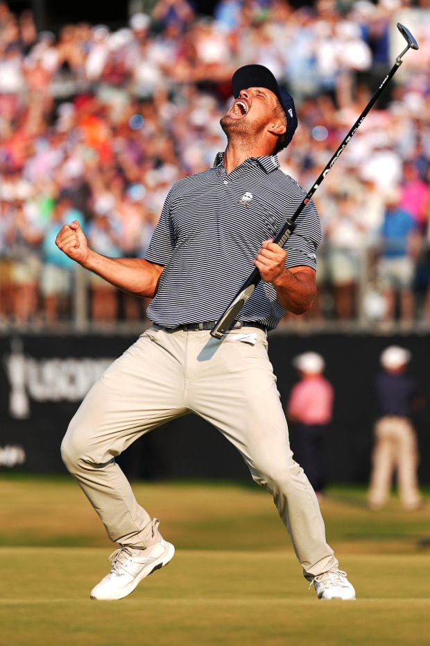 Bryson DeChambeau celebrates after his final putt on the 18th green of the 2024 US Open. 