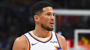 Oct 25, 2025; Denver, Colorado, USA; Phoenix Suns guard Devin Booker (1) during the first half against the Denver Nuggets at Ball Arena. Mandatory Credit: Christopher Hanewinckel-Imagn Images