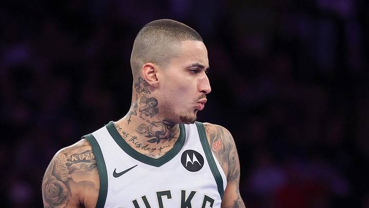 Milwaukee Bucks forward Kyle Kuzma (18) reacts after making a three point basket against the New York Knicks during the second half at Madison Square Garden on November 28, 2025.