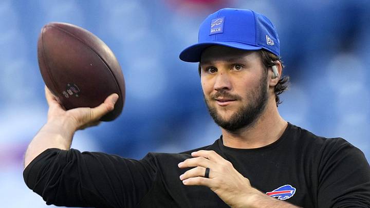 Sep 18, 2025; Orchard Park, New York, USA; Buffalo Bills quarterback Josh Allen (17) warms up before the game against the Miami Dolphins at Highmark Stadium. Mandatory Credit: Gregory Fisher-Imagn Images