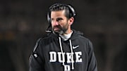 Nov 29, 2025; Durham, North Carolina, USA;  Duke Blue Devils head coach Manny Diaz looks on against the Wake Forest Demon Deacons during the fourth quarter at Wallace Wade Stadium. Mandatory Credit: Zachary Taft-Imagn Images