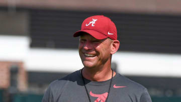 The Crimson Tide football team continued practice Thursday, Aug. 1, 2024, as they prepare for the season opener and the first game under new head coach Kalen DeBoer. DeBoer watches with a smile as his players run through defensive drills.