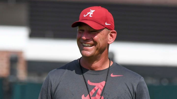 The Crimson Tide football team continued practice Thursday, Aug. 1, 2024, as they prepare for the season opener and the first game under new head coach Kalen DeBoer. DeBoer watches with a smile as his players run through defensive drills.