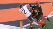 Chicago Bears wide receiver DJ Moore scores a touchdown against the Cincinnati Bengals.