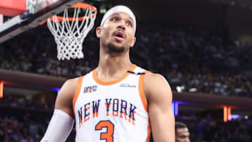Apr 29, 2025; New York, New York, USA; New York Knicks guard Josh Hart (3) reacts to a call in the fourth quarter against the Detroit Pistons during game five of first round for the 2025 NBA Playoffs at Madison Square Garden. Mandatory Credit: Wendell Cruz-Imagn Images
