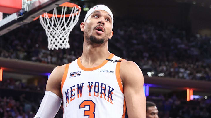 Apr 29, 2025; New York, New York, USA; New York Knicks guard Josh Hart (3) reacts to a call in the fourth quarter against the Detroit Pistons during game five of first round for the 2025 NBA Playoffs at Madison Square Garden. Mandatory Credit: Wendell Cruz-Imagn Images