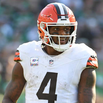 Oct 13, 2024; Philadelphia, Pennsylvania, USA; Cleveland Browns quarterback Deshaun Watson (4) against the Philadelphia Eagles at Lincoln Financial Field. Mandatory Credit: Eric Hartline-Imagn Images