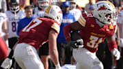 Iowa State Cyclones' defensive back (31) runs with the ball after a interception against Kansas during the fourth quarter in the senior day on Nov. 22, 2025, at Jack Trice Stadium in Ames, Iowa
