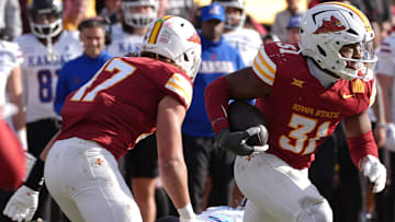 Iowa State Cyclones' defensive back (31) runs with the ball after a interception against Kansas during the fourth quarter in the senior day on Nov. 22, 2025, at Jack Trice Stadium in Ames, Iowa