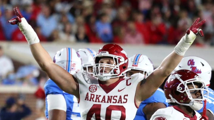 Arkansas Razorbacks defensive linemen Landon Jackson (40) reacts after a made field goal during the first half against the Mississippi Rebels at Vaught-Hemingway Stadium.