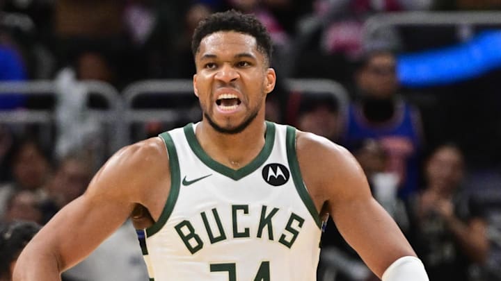 Oct 28, 2025; Milwaukee, Wisconsin, USA;  Milwaukee Bucks forward Giannis Antetokounmpo (34) reacts after scoring a basket in the 3rd quarter against the New York Knicks at Fiserv Forum. Mandatory Credit: Benny Sieu-Imagn Images