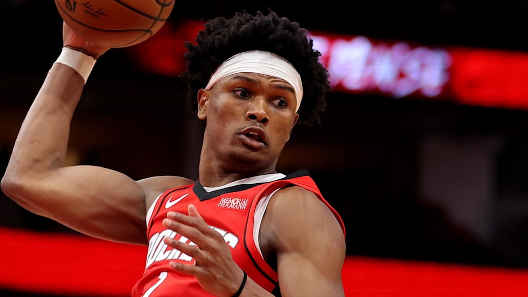 May 1, 2026; Houston, Texas, USA; Houston Rockets guard Amen Thompson (1) rebounds against the Los Angeles Lakers during the third quarter of game six of the first round of the 2026 NBA Playoffs at Toyota Center. Mandatory Credit: Erik Williams-Imagn Images
