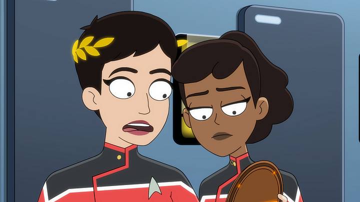 L-R: Saba Homayoon as Ensign Olly and Tawny Newsome as Beckett Mariner in episode 6, season 5 of Lower Decks streaming on Paramount+, 2024. Photo Credit: Paramount+