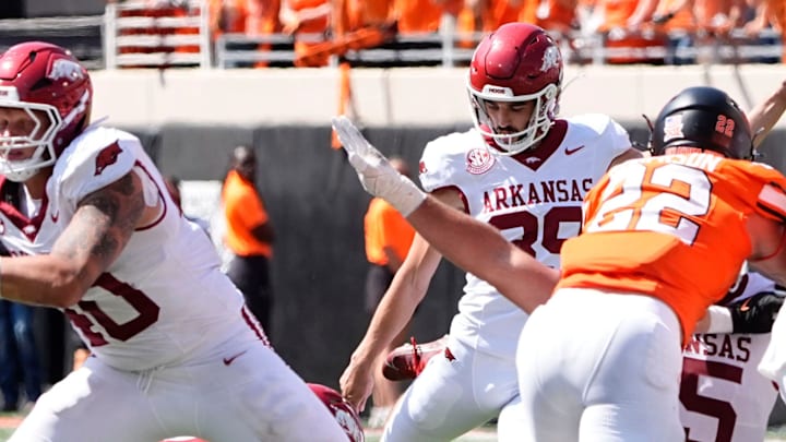 Arkansas Razorbacks kicker Kyle Ramsey misses a field goal in the first overtime against Oklahoma State at Boone Pickens Stadium in Stillwater, Okla.