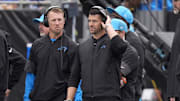 Oct 26, 2025; Charlotte, North Carolina, USA; Carolina Panthers head coach Dave Canales during the second half against the Buffalo Bills at Bank of America Stadium. Mandatory Credit: Jim Dedmon-Imagn Images