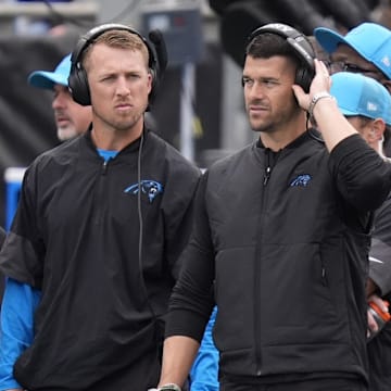 Oct 26, 2025; Charlotte, North Carolina, USA; Carolina Panthers head coach Dave Canales during the second half against the Buffalo Bills at Bank of America Stadium. Mandatory Credit: Jim Dedmon-Imagn Images