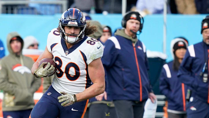 Denver Broncos tight end Greg Dulcich (80) is tackled by Tennessee Titans safety Joshua Kalu (28) during the fourth quarter at Nissan Stadium Sunday, Nov. 13, 2022, in Nashville, Tenn.

Nfl Denver Broncos At Tennessee Titans