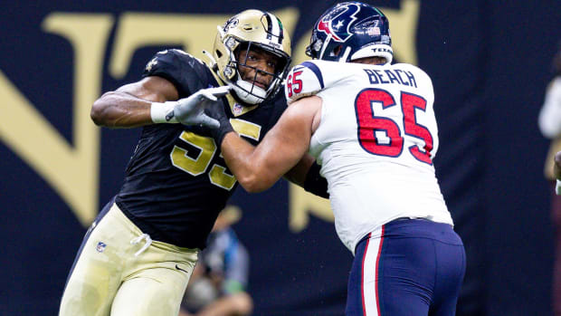 New Orleans Saints defensive end Isaiah Foskey (55) rushes against the Houston Texans  