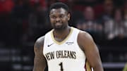 Mar 8, 2025; Houston, Texas, USA;  New Orleans Pelicans forward Zion Williamson (1) reacts after a play during the game against the Houston Rockets at Toyota Center. Mandatory Credit: Troy Taormina-Imagn Images
