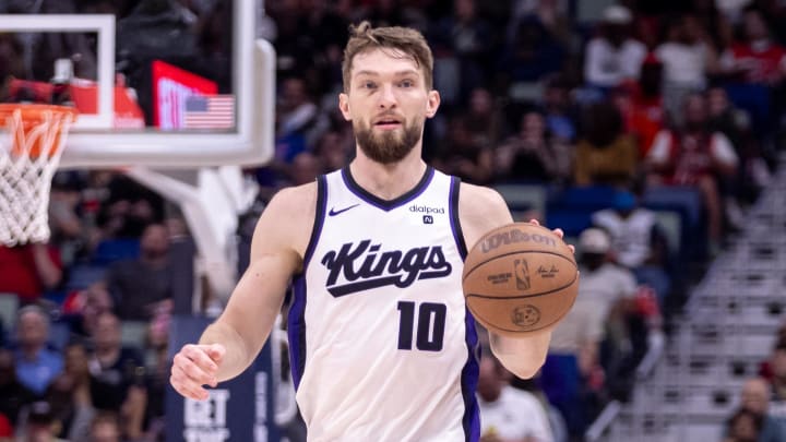 Apr 19, 2024; New Orleans, Louisiana, USA;  Sacramento Kings forward Domantas Sabonis (10) brings the ball up court against the New Orleans Pelicans in the second half during a play-in game of the 2024 NBA playoffs at Smoothie King Center. Mandatory Credit: Stephen Lew-USA TODAY Sports