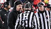 Nebraska coach Matt Rhule reacts with an official. 