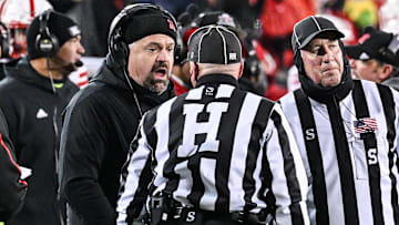 Nebraska coach Matt Rhule reacts with an official. 