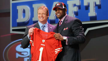 NFL commissioner Roger Goodell introduces wide receiver Michael Crabtree (Texas Tech) as the No. 10 overall pick to the San Francisco 49ers